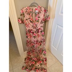 Excellent Condition, Never Worn. New With Tags. Spring Floral Short Sleeve Evening Dress, Spring Evening Floral Dress With Short Sleeves, Spring Short Sleeve Maxi Dress For Date Night, Pink Short Sleeve Maxi Dress With Floral Embroidery, Sheer Pink Dress, Pink Floral Embellished Floor-length Maxi Dress, Sheer Dress, Clothing Company, Pink Dress