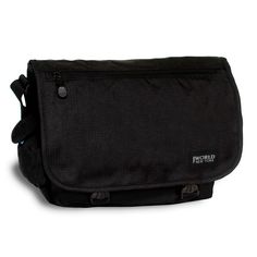 a black messenger bag sitting on top of a white surface