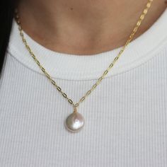 D E T A I L S --♡-- M A T E R I A L S :• 18k Gold Plated over Sterling Silver • Pearl: 12 MM-----------------------♡--------------------SIZE:• 16" + 2" Ext Gold-plated Pearl Necklace With Gold Chain For Gift, Yellow Gold Pearl Necklace With Cable Chain As Gift, Gold Sterling Silver Chain Necklace With Pearl Pendant, Pearl Necklace With Cable Chain For Gift, Delicate Gold Pearl Necklace With Cable Chain, Everyday Gold Pearl Necklace With Cable Chain, Dainty Pearl Necklace With Cable Chain As Gift, Yellow Gold Oval Pearl Chain Jewelry, Oval Yellow Gold Pearl Chain Jewelry