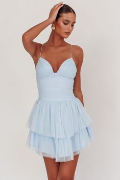 Nightingale Ruched Mesh Mini Dress Baby Blue by Selfie Leslie Blue Hoco Dress, Dress Baby Blue, Yellow Bridesmaid Dresses, Yellow Bridesmaids, Mesh Mini Dress, Blue Bridesmaids, Ruffle Mini Dress, Date Night Dresses, Nightingale