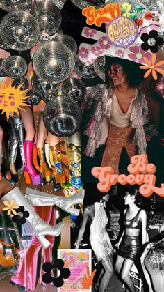 the collage has many different pictures of people in costumes and accessories, including balloons