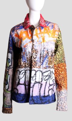 OR 4 interest-free installments of $87.50 USD by Leopard Graffiti Jacket Jacket hand painted by ZOOM Cherry. Graffiti on back reads, "Turn my swag on". Bandana embellished collar. Size Women Medium One of a kind. Button closure. Front pockets. Fitted Graffiti Print Outerwear For Fall, Designer Spring Outerwear With Graphic Print, Rockstar Jacket, Graffiti Jacket, Jungle Fashion, Jacket Hand Painted, Bandana Collar, Upcycle Clothes Diy, Embellished Collar