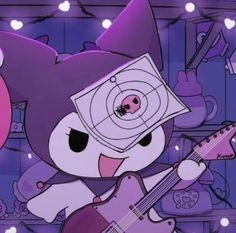 a cartoon character playing an electric guitar in front of a purple background with hearts and lights