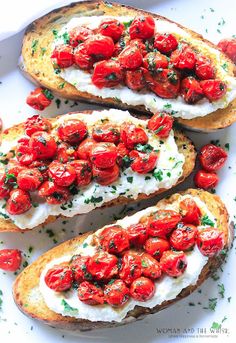 three pieces of bread with tomatoes on them