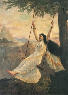 a painting of a woman swinging on a tree branch with her hands in the air