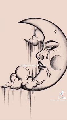 a drawing of a crescent moon with clouds and stars