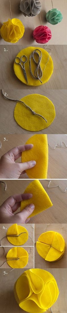 the process to make felt flowers with scissors and yarn is shown in three different stages