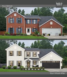 two different views of the same house with garage doors and windows on each side, one showing