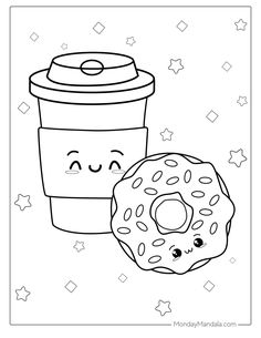 a cup of coffee and a donut with eyes drawn on it, sitting next to each other