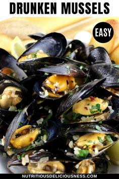 steamed mussels in a white bowl with text overlay