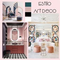 a collage of photos with furniture and decor in pink, black, white and grey colors