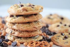 chocolate chip cookies and pretzels are stacked on top of each other