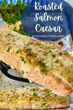 baked salmon casserole in a cast iron skillet with parsley on top