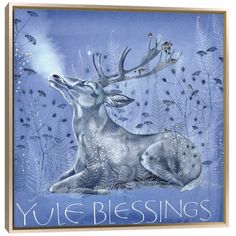 a painting of a deer laying down with the words yule blessings on it