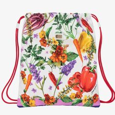 Dolce & Gabbana White Cotton Flower Print Bag. A White And Red Cotton Drawstring Backpack For Girls From Dolce & Gabbana. Renowned For Their Richly Decorated Patterns, The Designer Celebrates The Vibrant Italian Garden With Gorgeous Floral And Vegetable Prints. A Golden Metal Logo Plate Set On White Leather Is Stitched On The Front, And The Label's Script Logo Is Accented Within The Pattern For Instant Designer Recognition. This Italian-Crafted Bag Is Woven In Soft-Yet-Sturdy Poplin, And Opens T Designer Bags With Floral Print For Spring, Designer Floral Print Bags For Spring, Luxury Multicolor Floral Print Bags, Designer Multicolor Floral Print Bags, Designer Bags With Floral Print For Shopping, Luxury White Bags With Floral Print, Luxury Multicolor Bags For Summer, Luxury Multicolor Summer Bags, Red Floral Print Summer Bag