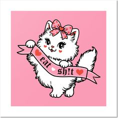 a white cat with a pink bow holding a ribbon