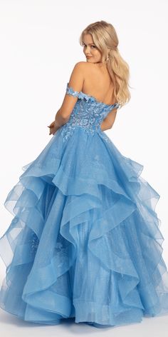 If one thing's for sure, this Floral Embroidered Off the Shoulder Tulle Tiered Ballgown will turn heads at your next event! The brilliant details include an off the shoulder sweetheart neckline, fitted 3D floral bodice, and tulle tiered glitter ballgown skirt make this long evening dress unforgettable in any setting. Pair this look with CZ Drop Earrings and Zip Back Strappy Sandals. Petite Evening Dresses, Petite Prom Dress, Uzun Boy, Floral Corset Top, Tiered Prom Dress, Special Event Dresses, Prom 2024, Floral Corset, Homecoming Dresses Long