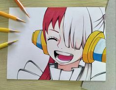 a drawing of a girl with headphones on her face and smiling at the camera