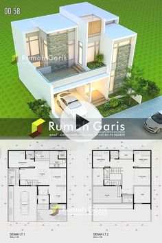 two story house plan with garage and living room in the top floor, second level