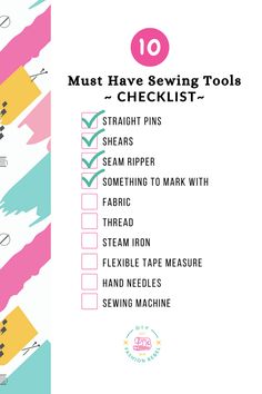 the 10 must have sewing tools checklist is shown in pink, blue and yellow