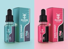 two different flavors of e - liquid next to each other on a pink and blue background