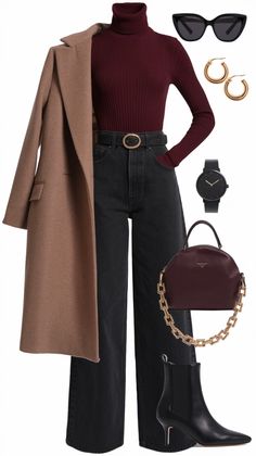 Elevate your winter wardrobe with this chic outfit featuring a cozy burgundy turtleneck sweater, high-waisted wide-leg jeans, and sleek black ankle boots. Complete the look with a stylish beige wool coat, gold accessories, and a statement handbag. Perfect for a trendy yet sophisticated winter style! 🍂✨ #WinterFashion #OOTD #ChicStyle #FashionInspo #WinterOutfitIdeas #BurgundySweater Winter Outfits Jeans Boots, Office Stylish Outfit, Winter Coats Outfits Women, Womens Burgundy Outfits, Outfit Ideas Winter Office, Burgandy Turtle Neck Outfits, 30s Winter Outfits, Sleek Chic Style Outfit, Winter Boot Work Outfits