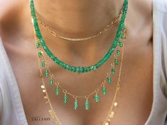 The Emerald Fringe Necklace - 14K Solid Gold Emerald Fringe Necklace, Genuine Zambian Emerald Gemstone Necklace Exquisite Emerald necklace in 14K Solid Gold to enrich your necklaces game! This newest design is so fun to wear! Lots of movement and playfulness in the sparkling Emerald fringes! You can wear it even in a shower! Totally a piece to wear 24/7 and enjoy every second of it! ⭐ DETAILS: ✔️ Necklace Length: Made to Order (the necklace in the photo is 18 inch) ✔️ Gold: All the components in the necklace are 14K SOLID GOLD (stamped on the clasp) ✔️ Clasp: 9mm Solid Gold 14K Lobster Clasp ⭐ GEMSTONES: The Necklace includes excellent AAA quality gemstones, they are natural, undyed, superbly polished and vibrant: (The gems in the necklace are 3-4mm) ~ Genuine Zambian Emerald rondelles ⭐ S Emerald Chain, Instagram Jewelry, Emerald Bead, Solid Gold Necklace, Solid Gold Chains, Zambian Emerald, Fringe Necklace, Emerald Necklace, Rare Gemstones