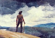 a painting of a man standing on top of a hill with a stick in his hand