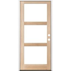 a wooden door with glass panels on the bottom and side panel, in front of a white background