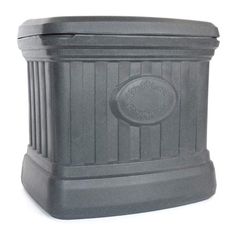 a large gray trash can sitting on top of a white surface