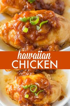 hawaiian chicken on a white plate with sauce and green onion garnish in the middle