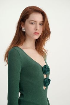 Rosette knit top Knitwear Tops, Spring Style, Red Carpet Looks, Threading, Green And Brown, Spring Fashion, Everyday Essentials Products, Red Carpet, Knit Top