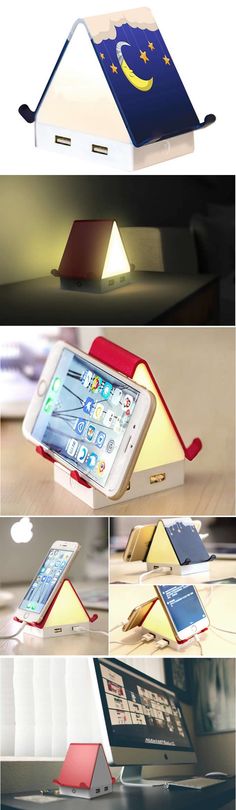 an electronic device that is sitting on top of a table with the light turned on