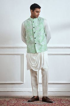 Pastel green bundi with tree, bird, floral French know embroidery. Comes with draped kurta and pyjama. - Aza Fashions Kurta Set For Men, French Knot, Kurta Set, Pastel Green, Green Cotton, Aza Fashion, Knot, Pajamas, Pastel