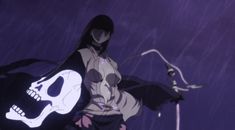 an anime character with a skull on his back holding a scooter in the rain