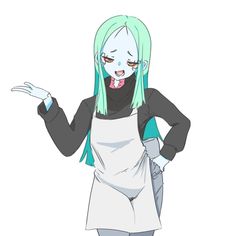 an anime character with green hair and blue eyes wearing white aprons, holding her hands out