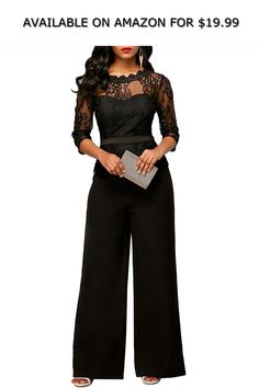 GINVELL Women's Elegant Lace Top Jumpsuits High Waist Wide Leg Long Romper Pants ◆ AVAILABLE ON AMAZON FOR: $19.99 ◆ Specification:Material: Polyester and LaceSize: S/M/L/XL/XXLSleeve Length: 3/4 sleeveNeckline: Round neckOccasion: Night out,club,party,casual daily,work,dating,etc.Package Include:1 x Jumpsuit for WomenS:---Bust: 34.65"--Waist: 29.13"---Hip: 41.34---Length: 59.84" (Inches)M:---Bust: 36.61"--Waist: 31.1"---Hip: 43.31"---Length: 60.24" (Inches)L:---Bust: 38.58"--Waist: 33.07"---Hip Denim Jumpsuit Fall, Casual White Jumpsuit, White Jumpsuit Formal, Black Romper Outfit, Jumpsuit Outfit Black, Lace Top Jumpsuit, Elegant Lace Tops, Elegant Jumpsuit, Outfit For Spring