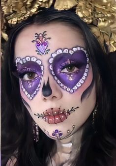 Sugar Skull Tutorial, Purple Catrina Makeup, Catarina Makeup, Simple Catrina Makeup, Muertos Makeup