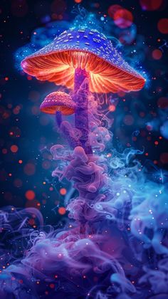 a blue and red mushroom floating on top of liquid in the air with bright lights behind it