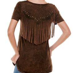 Bully Dangling Fringe & Bling Inset Top Embellished Stud T-Shirt Color: Wash Brown Size: M Material: 96% Cotton/4% Spandex Made W/ Love In U.S.A.(Prewashed) Adorable & Very Cute! Gorgeously Designed T-Shirt Top You'll Want To Show Off! Bring A Bit Of Sweet & Sass W/ Stunning Top W/ Fringe! Don’t Miss Out On This Staple! Flaunt Your Style W/ This Feelin' Fringe Top! Elevate Your Wardrobe W/ This Eccentric Yet Essential Piece Elegance Of Gorgeous Top Creates Sassy But Sweet Look That Is Easily Pai Cotton Fringe Short Sleeve Tops, Spring Short Sleeve Tops With Fringe, Brown Fringe Tops For Festival, Brown Fringed Tops For Festival, Brown Fringe Top For Festival, Bohemian Embellished Tops For Fall, Brown Fringe Tops For Fall, Brown Fringe Top For Fall, Fitted Tops With Rhinestone Fringe For Spring