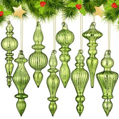 green glass ornaments hanging from a christmas tree