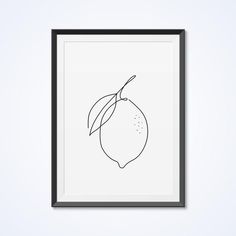 a black and white drawing of a lemon on a light gray background with a dark frame