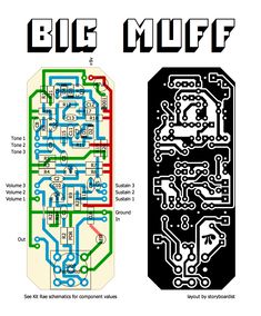 two different colored circuit boards with the words, big muff and small electronic components