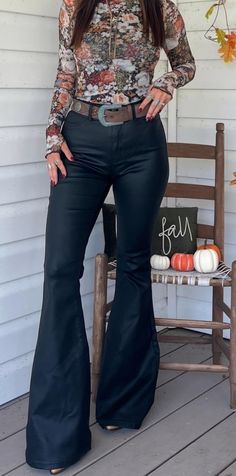 BLACK FAUX LEATHER FLARES| Stretchy Bell Bottoms| Western Boho Flares| Goth Pants| High Waist Rocker Bottoms| Festival Flares| Rave Ethical The flare jeans of your dreams! These trendy flares offer a super stretch material for amazing comfort while still providing a durable, high quality material that smooth and contours to your body. Who knew trendy could be so comfortable! *DETAILS* Black High waisted leather flares Zip and button closure Functional belt loops Two functional back pockets Stretchy, comfort material Butt lifting detail Flare ankles *SIZING INFO* Very Stretchy Inseam: 34" Outseam: 44" S: 0-4 M: 6-8 L: 10-12 XL: 14-16 *MATERIAL AND CARE* Please see care label for washing instructions 76% Cotton, 20% Polyester, 4% Spandex Goth Flare Pants Outfit, Gothic Fitted Faux Leather Bottoms, High Waist Black Pants For Concert, Non-stretch Grunge Pants For Fall, Fall Wide Leg Pants For Concert, Non-stretch Grunge Style Fall Pants, Black Leather Pants For Alternative Fashion In Fall, Wide Leg Pants For Fall Concert, Black Rock Bottoms For Concert