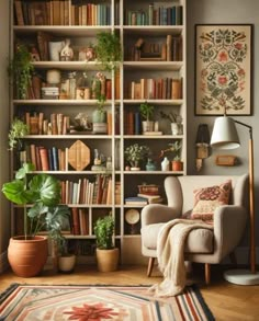 a living room filled with lots of books and plants