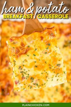 broccoli and cheese casserole on a wooden spoon with text overlay