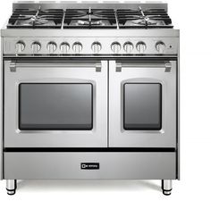 an oven with four burners and two doors on the front, in stainless steel