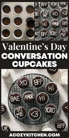 valentine's day conversation cupcakes with chocolate frosting in the shape of hearts