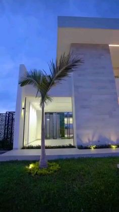 a modern house with palm tree in front of it at night time, lit up by lights on the side of the building