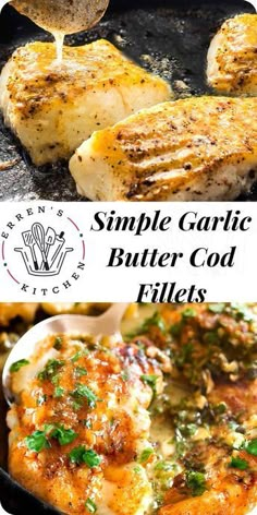 grilled garlic butter chicken fillets in a cast iron skillet with text overlay